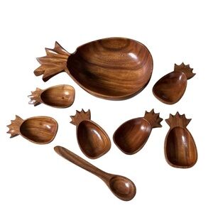Vintage Handmade Monkey Pod Wooden Pineapple-Shaped Serving Bowl Set
